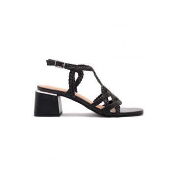 Sandale de piele cu varf patrat - Negru