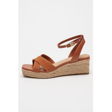 Sandale din piele si piele intoarsa cu talpa wedge