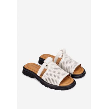 Sandale stil papuc dama din piele perforata bej