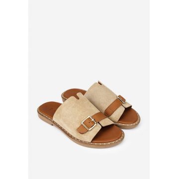 Sandale stil papuc dama din piele taupe cu maro