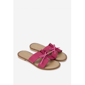 Sandale tip papuc dama din piele roz cu funda subtire