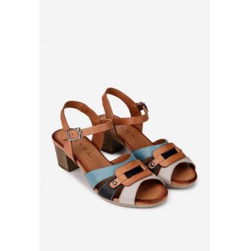 Sandale dama din piele maro cu design vibrant - Multicolor