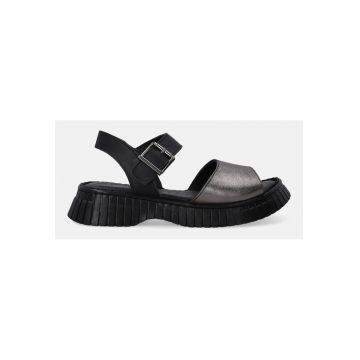 Sandale demi-wedge din piele cu detaliu metalizat