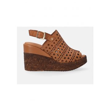 Sandale wedge de piele cu aspect ajurat