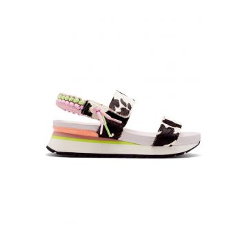 Sandale cu piele cu par scurt si inchidere velcro - Maro inchis/Maro nisip