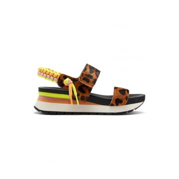 Sandale cu piele cu par scurt si inchidere velcro - Verde/Maro inchis/Maro nisip