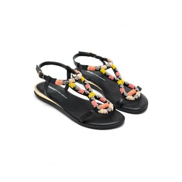 Sandale din piele cu margele si strasuri - Multicolor
