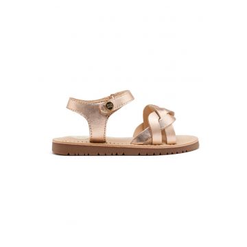 Sandale din piele cu talpa plata si inchidere velcro - Auriu rose