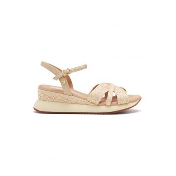 Sandale din piele ecologica impletita cu talpa wedge - Bej deschis