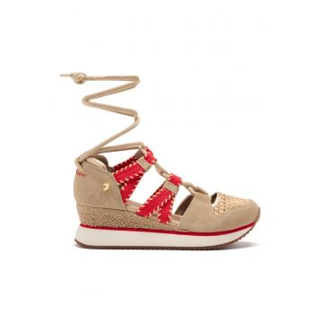 Sandale din piele intoarsa cu talpa demi-wedge - Bej