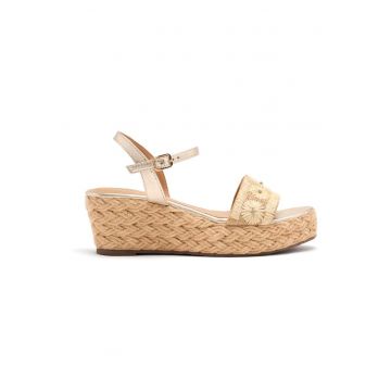 Sandale impletite cu garnituri din piele si talpa wedge - Bej deschis