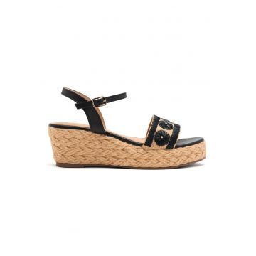 Sandale impletite cu garnituri din piele si talpa wedge - Negru