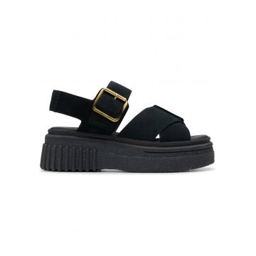 Sandale cu platforma dama -  piele intoarsa - negru -