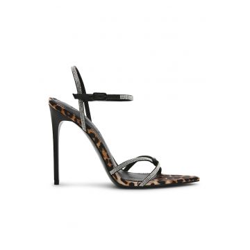 Sandale stiletto cu strasuri si model animal print - Maro inchis/Maro deschis/Argintiu