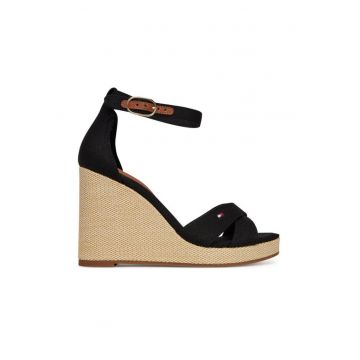 Sandale dama -  negru - material textil - toc cu platforma -
