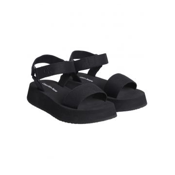 Sandale flatform din material textil cu segment cu inchidere velcro - Negru