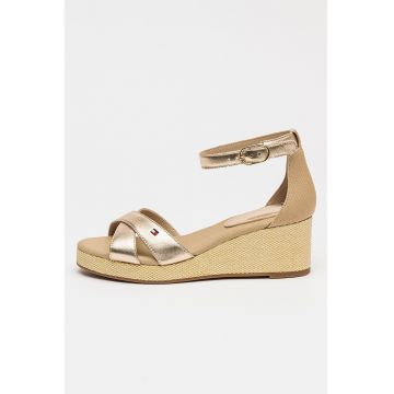 Sandale din piele cu talpa wedge si aspect metalizat