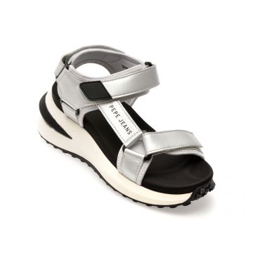 Sandale PEPE JEANS argintii, WINSLOVE SHINE, din piele naturala