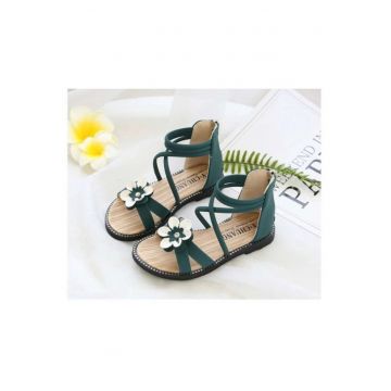 Sandale  Cu Barete Si Floare Aplicata - Piele ecologica - Casual - Piele ecologica - Fete - Verde - Verde