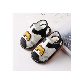 Sandale  Cu Piuitoare - Model Litera M - Piele Ecologica - Velcro - Baieti - Alb - Negru -