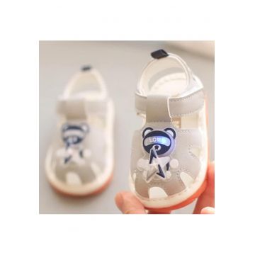 Sandale  Cu Piuitoare - Model Urs Cu Led - Piele Ecologica - Baieti - Velcro - Gri