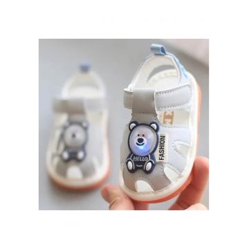 Sandale  Cu Piuitoare - Model Ursulet Cu Led - Piele Ecologica - Velcro - Baieti - Gri