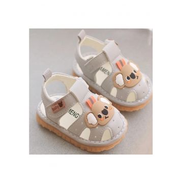 Sandale  Cu Piuitoare - Model Ursuletul Coala - Piele Ecologica - Velcro - Baieti - Gri