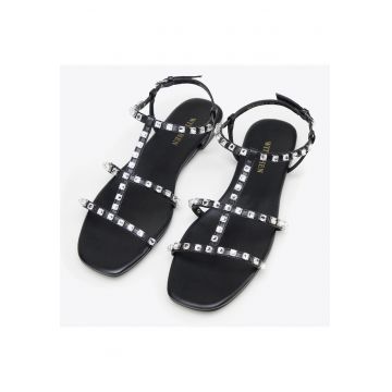 Sandale dama  cu cristale - negre - piele naturala - toc plat