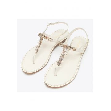 Sandale dama  piele naturala - crem - design minimalist - toc plat