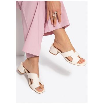 Sandale dama  piele naturala - decupaj geometric - toc gros - bej