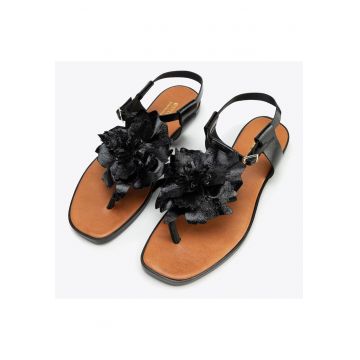 Sandale dama  piele naturala - flori decorative - varf patrat - negru