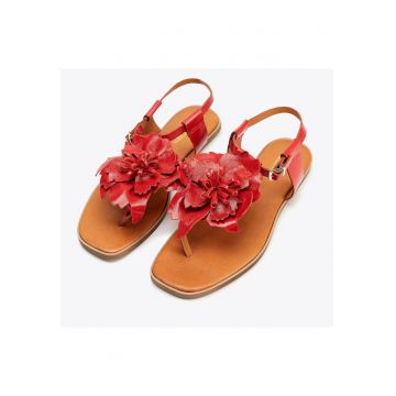 Sandale dama  piele naturala - flori decorative - varf patrat - rosu