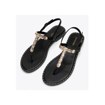 Sandale dama  piele naturala - negru - tocul plat