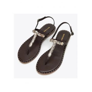 Sandale dama -  piele naturala - tocul plat - detalii stralucitoare - maro