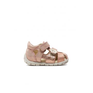 Sandale din piele cu inchidere velcro si aplicatie cu model florala