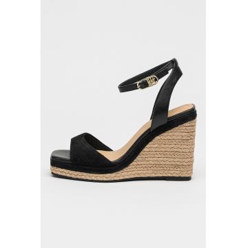 Sandale din piele si piele intoarsa cu talpa wedge