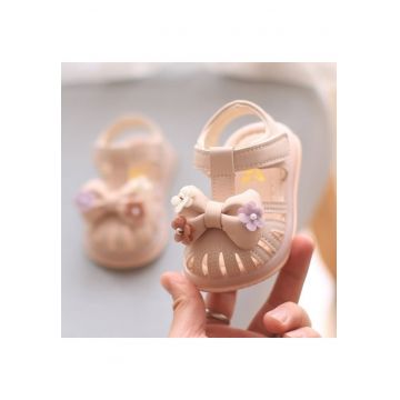 Sandale  Model AL cu fundita 3D si floricele aplicate - Piele ecologica - Fete - Roz pudrat