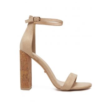 Sandale cu toc dama -  piele ecologica - bej -