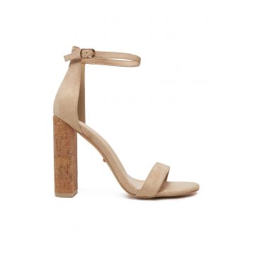Sandale cu toc dama -  piele ecologica - bej -
