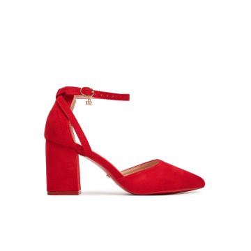Sandale dama -  toc - rosu - tesatura -