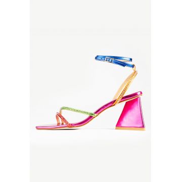 Sandale de piele ecologica cu toc si aspect metalic Sana