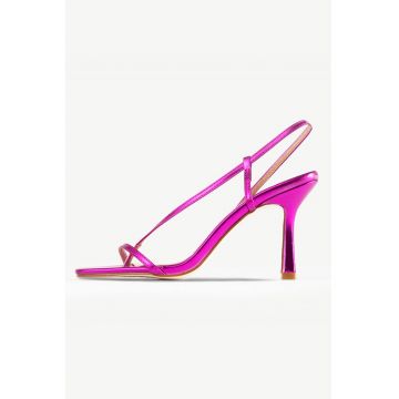 Sandale de piele ecologica cu toc si aspect metalic Wendy - Roz deschis