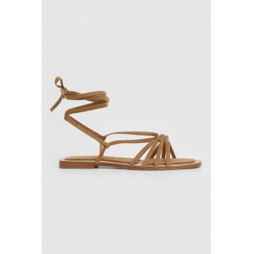 Sandale din piele intoarsa ecologica cu barete multiple - Maro inchis