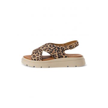 Sandale slingback de piele cu par scurt si aspect de piele de leopard - Maro inchis/Negru