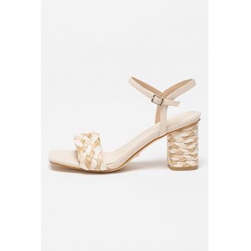 Sandale din piele ecologica cu toc masiv - Bej
