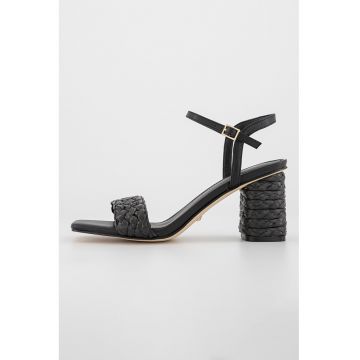 Sandale din piele ecologica cu toc masiv - Negru