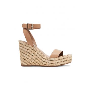 Sandale wedge de piele si piele ecologica - Bej/Maro camel