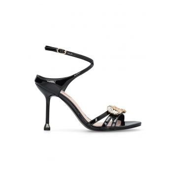 Sandale de piele ecologica cu toc stiletto si bareta pe glezna - Negru