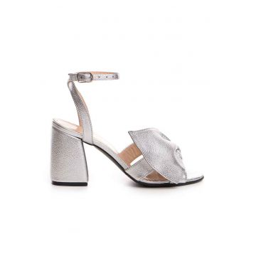 Sandale din piele cu bareta pe glezna si funda supradimensionata Paola - Argintiu