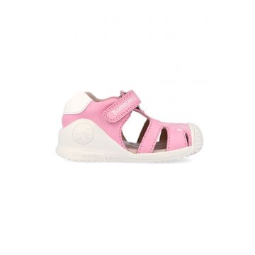 Sandale din piele cu inchidere velcro si model cu peste - Fucsia/Alb murdar